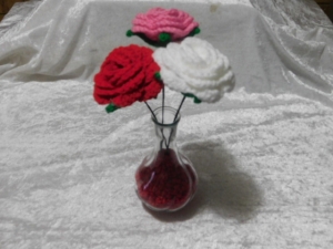 Vase of Crochet Roses - White, Pink and Red